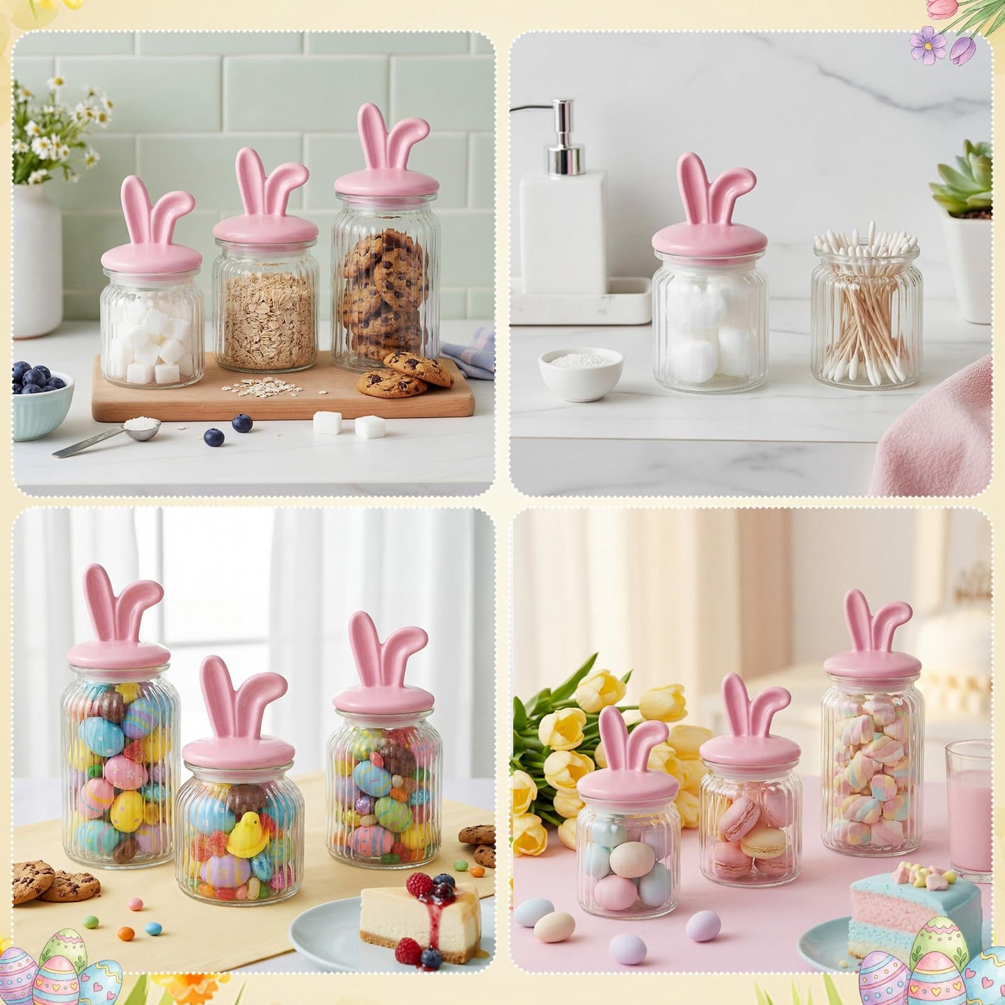 Potchen Easter Glass Jars with Airtight Lids Set of 3, 22oz, 34oz & 44oz Large Cookie Jar Set, Clear Candy Storage Canisters for Easter Party Gift Table & Countertop Decoration