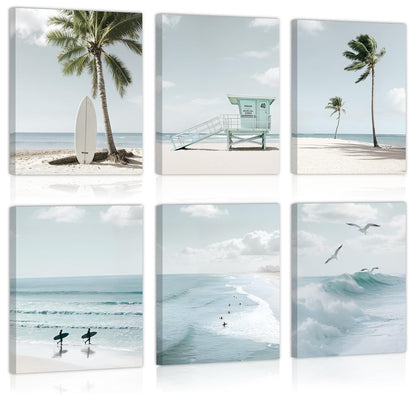 CHDITB Beach Canvas Wall Art, Coastal Palm Tree Surfboard Wall Decor, Ocean Wave Seagull Artwork, Minimalist Surfing Pictures, Tropical Beach Prints for Bathroom Living Room seaside Bedroom 8”x10”x6