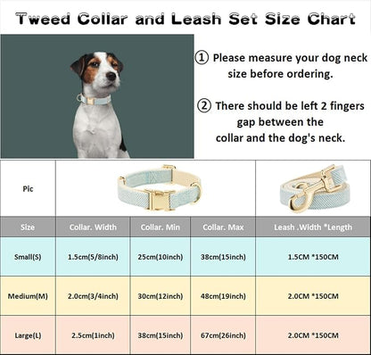 Luxury Soft Cotton Tweed Fabric Dog Collar & Leash Set with Gold Buckle – Durable Fabric, Stylish Design for Everyday Walks(Large LtBlue)