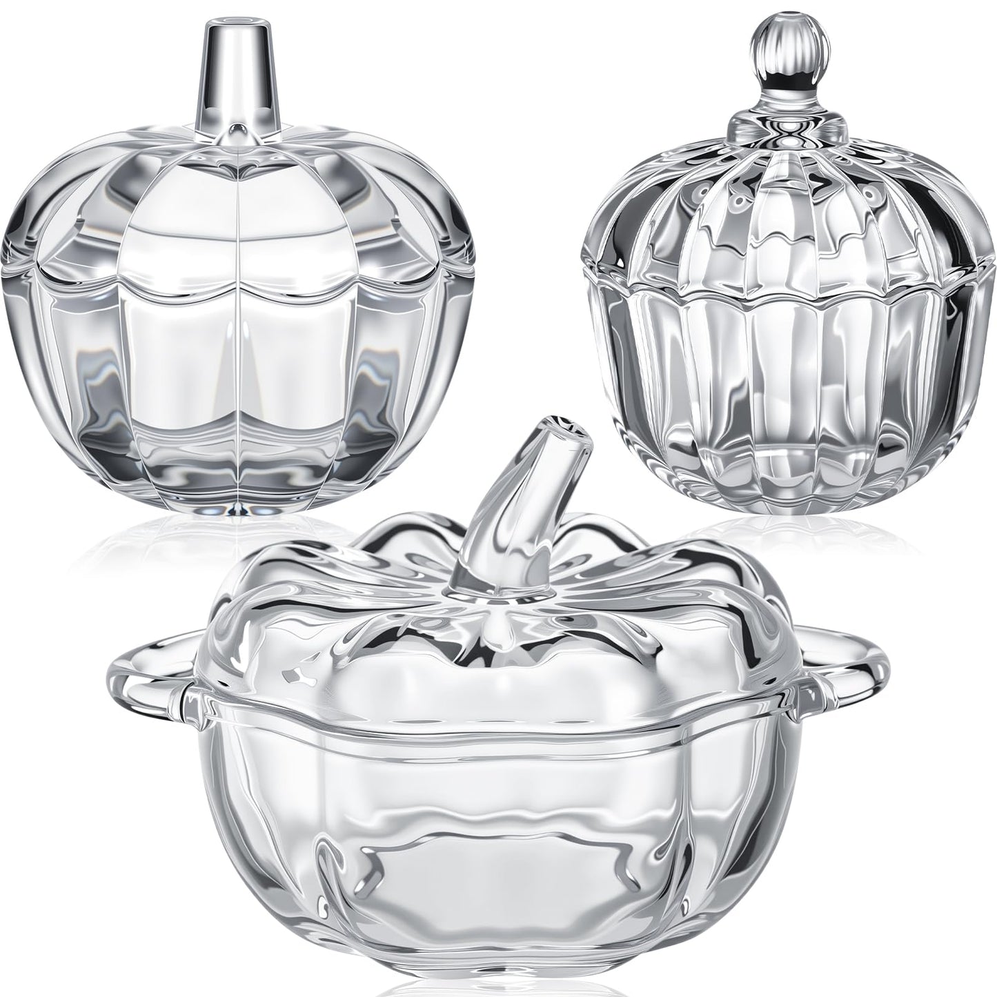 Mimorou 3 Pcs Glass Pumpkin Candy Jar Thanksgiving Clear Candy Bowl Storage with Lids 3 Sizes Fall Cute Snack Crystal Jars for Home Decoration Thanksgiving Centerpieces Wedding Party