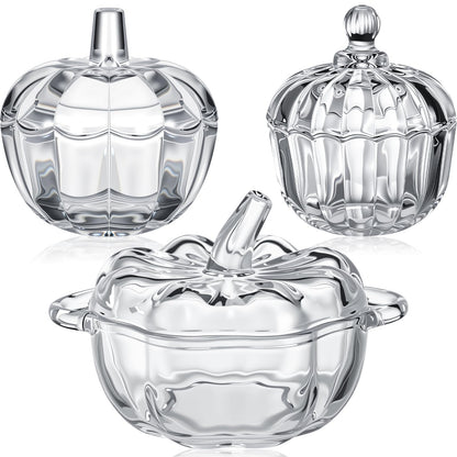 Mimorou 3 Pcs Glass Pumpkin Candy Jar Thanksgiving Clear Candy Bowl Storage with Lids 3 Sizes Fall Cute Snack Crystal Jars for Home Decoration Thanksgiving Centerpieces Wedding Party