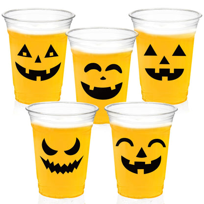 CUPLOOV 50 Pack Halloween Plastic Cups Clear 12Oz Disposable Pumpkin Cups With 5 Styles Patterns for Kids Adults Party Favors, Coffee, Wine, Hot and Cold Drinks