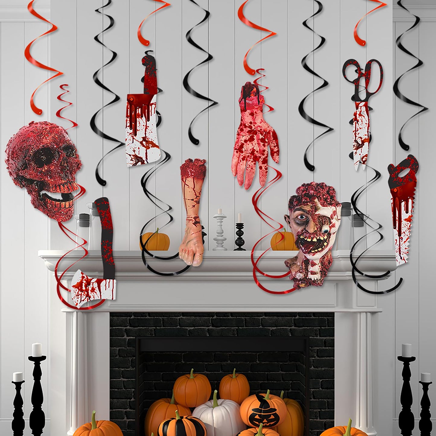 Halloween Bloody-Scary Indoor-Outdoor Party-Decoration Garland - 12pcs Creepy Skulls Zombie Skeleton Haunted House Swirl Streamers Banner,Window Fireplace Classroom Hanging Decor Lasting Surprise