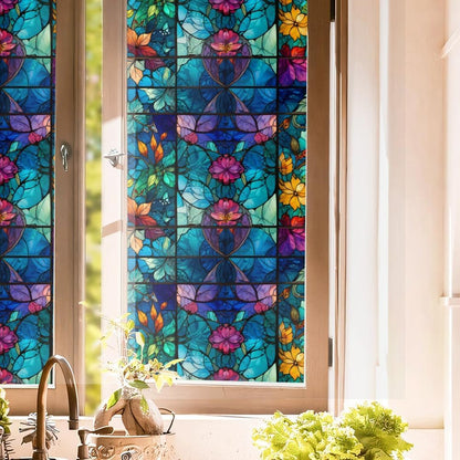 Purple Blue Pink Flower Leaf Stained Glass Window Films Decorative Double-Side Privacy Film Self-Adhesive Static Clings for Living Room Bathroom Decor