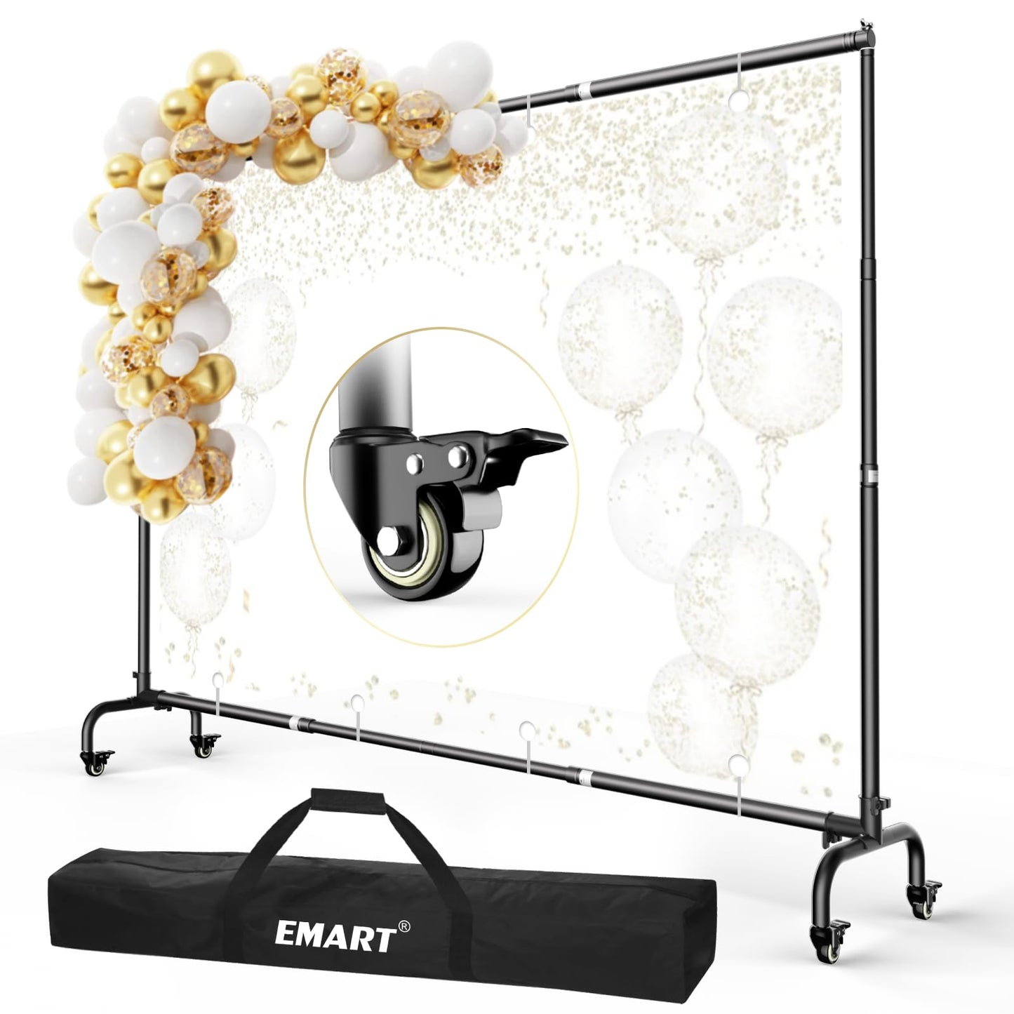 EMART Rolling Backdrop Stand with Wheels - 10 x7.5 ft (WxH) Adjustable - Moveable Photo Banner Background Holder Photography Frame Kit Adjustable for Parties Decoration Photoshoot