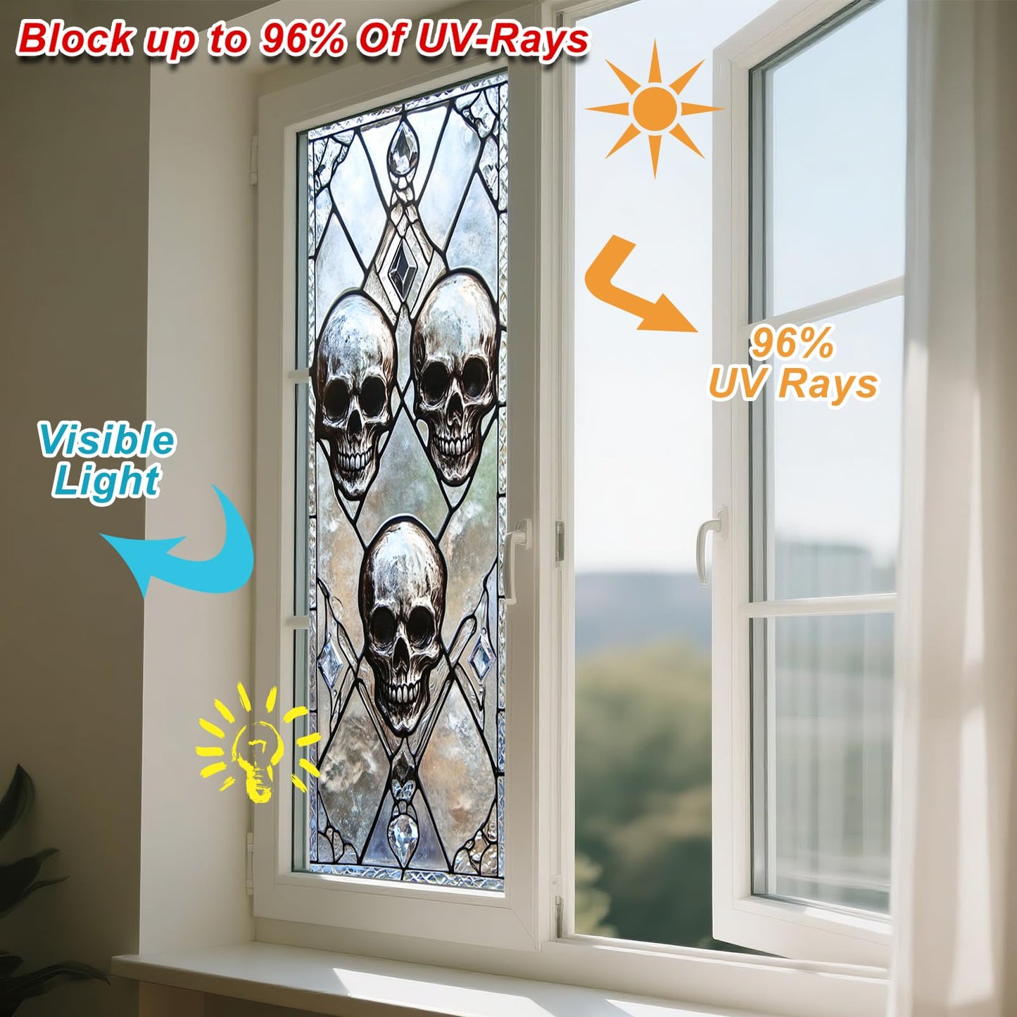 IVN Privacy Window Film Decorative Stained Glass Skull Design, Gothic Static Cling Window Film for Living Room Bedroom Door Panel 17.7 x 39.3 Inch