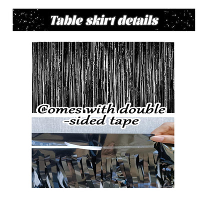 2 Pack 29.5x168 Inch Metallic Foil Fringe Tinsel Table Skirts Disposable Table Skirt for Parade Floats, Mardi Gras Party, Wedding, Birthday Party(Black)