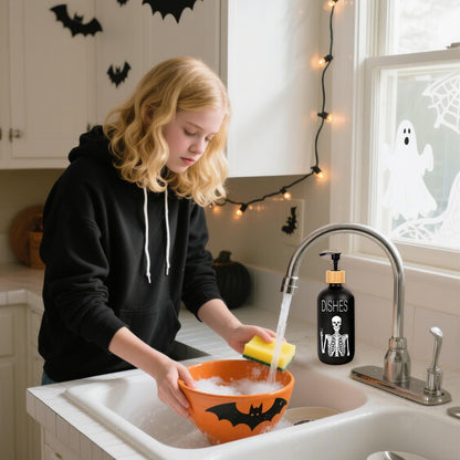 Whaline 2 Pcs Halloween Soap Dispenser Black Spooky Skeleton Hand Glass Soap Dispenser with Pump Refillable Liquid Container for Trick or Treat Home Kitchen Decor