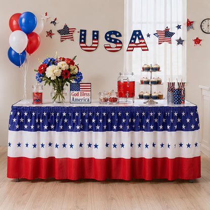 4 Pcs Patriotic 4th of July Table Skirts Disposable Plastic 2.4 x 14.3 Ft 4th of July 250th Anniversary American Star Table Skirt for Independence Day Memorial Day Party Supplies