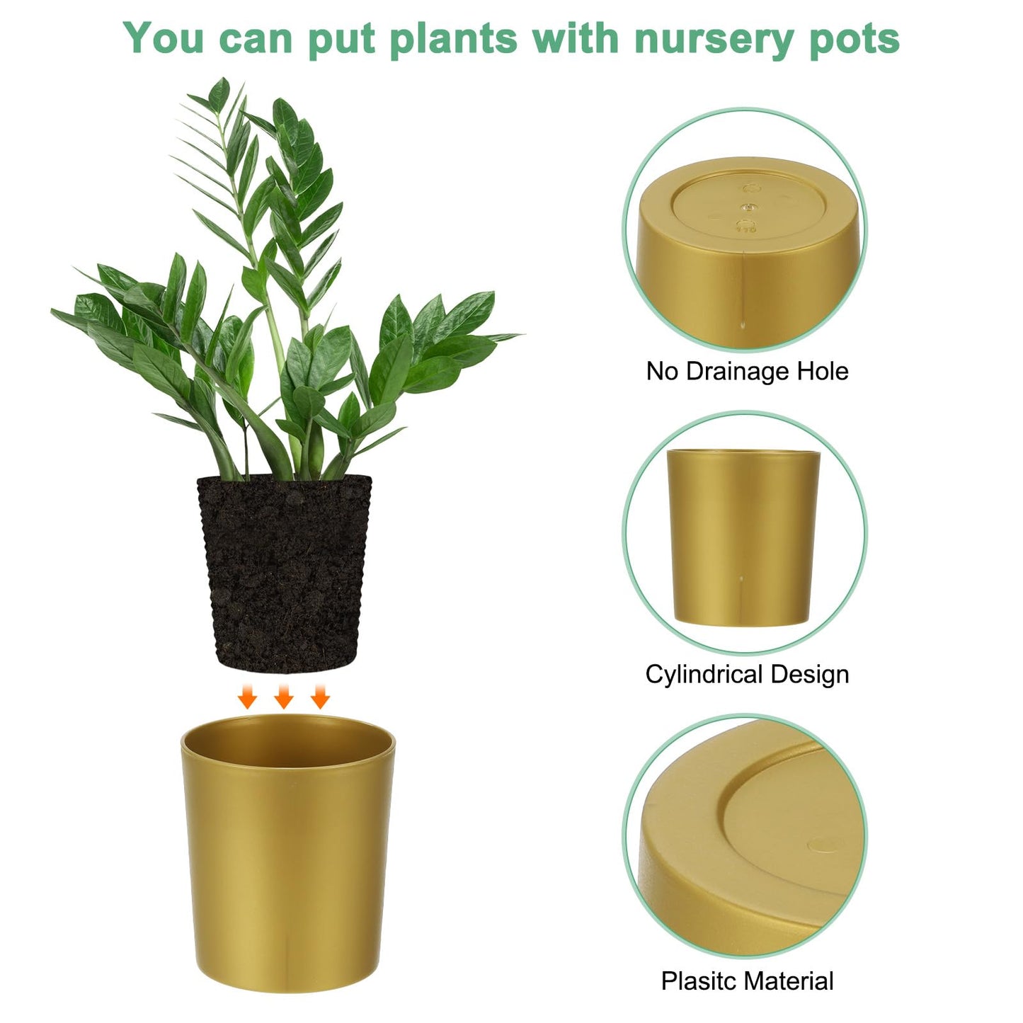 M METERXITY 4-Pack Plastic Plant Pots, 4 Inch Plastic Planters Round Flower Planter Containers Flower Pots for Indoor/Outdoor/Garden, Plant Holder [Gold Tone]