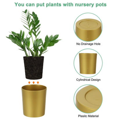 M METERXITY 4-Pack Plastic Plant Pots, 4 Inch Plastic Planters Round Flower Planter Containers Flower Pots for Indoor/Outdoor/Garden, Plant Holder [Gold Tone]