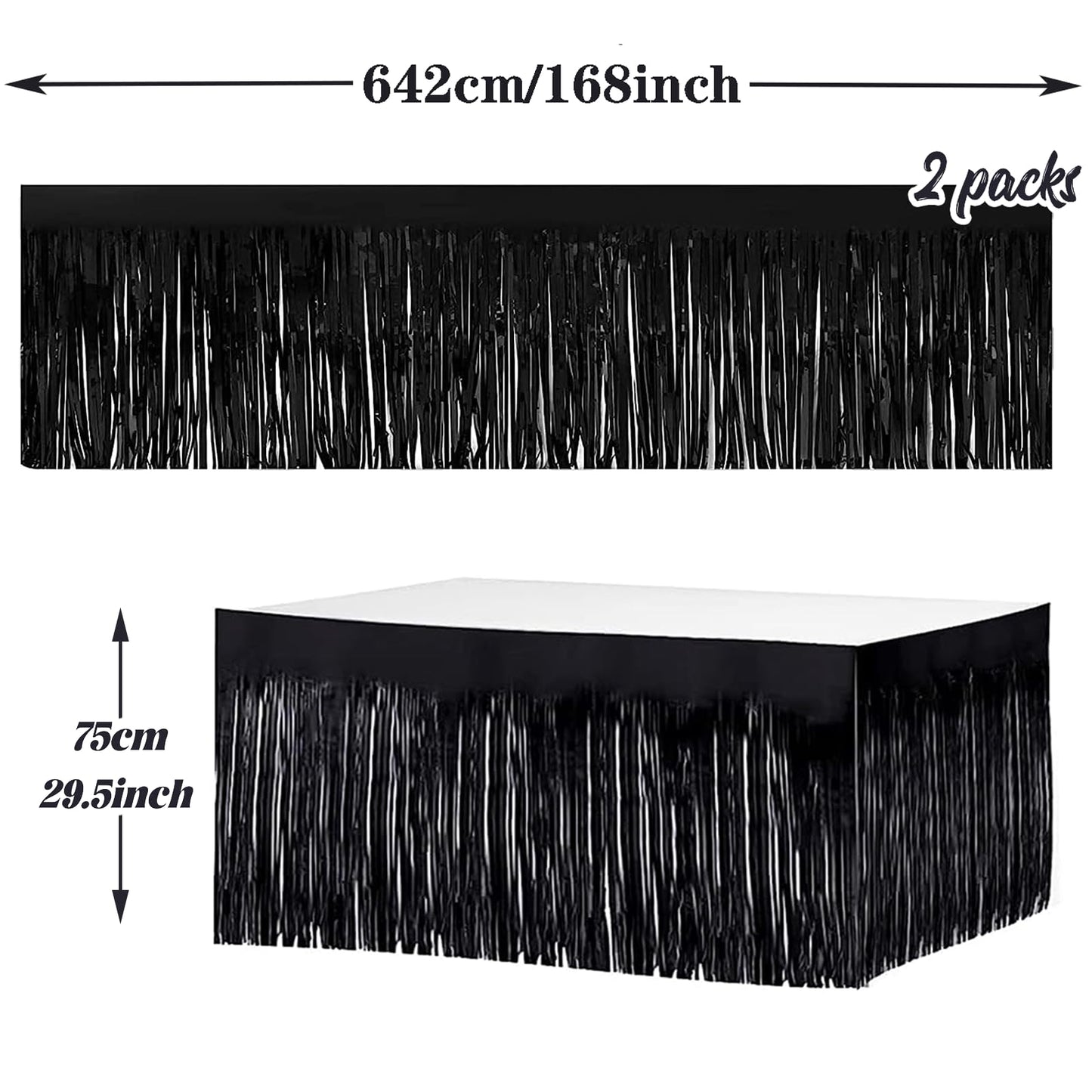 2 Pack 29.5x168 Inch Metallic Foil Fringe Tinsel Table Skirts Disposable Table Skirt for Parade Floats, Mardi Gras Party, Wedding, Birthday Party(Black)