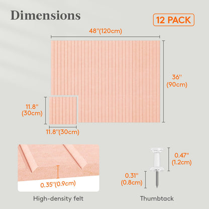 Lifewit Felt Slatted Bulletin Board, 12 Pack Self-Adhesive Panel, 48"x 36" Total Size, Cork Board Alternative, Pin Message Board with 30 Pushpins for Room and Office Decor, Home, Dorm, Pink