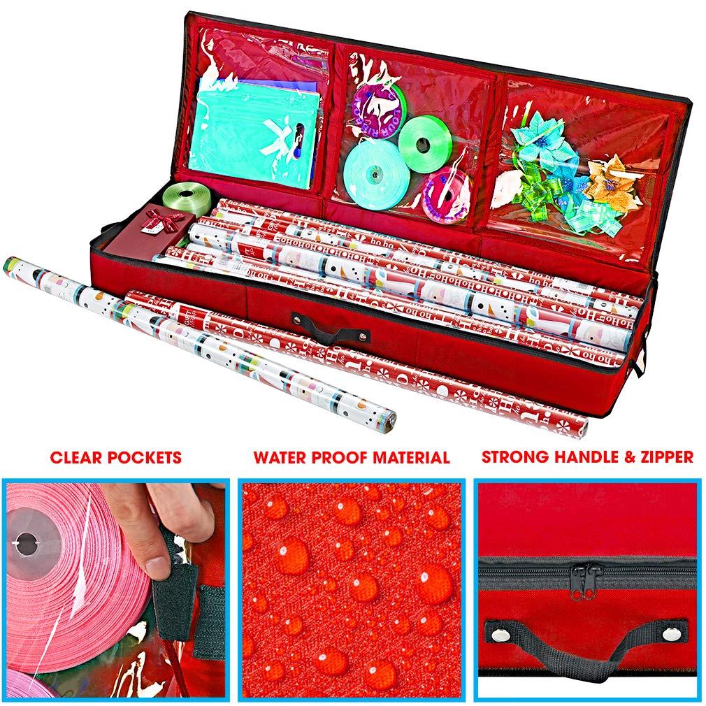 Primode Wrapping Paper Storage Container | Gift Wrap Organizer Under Bed | 41”x14”x6” | Fits 18-24 Rolls Up to 40” | 600D Oxford | Box Holder with Pockets for Ribbon, Bows and Accessories (Red)