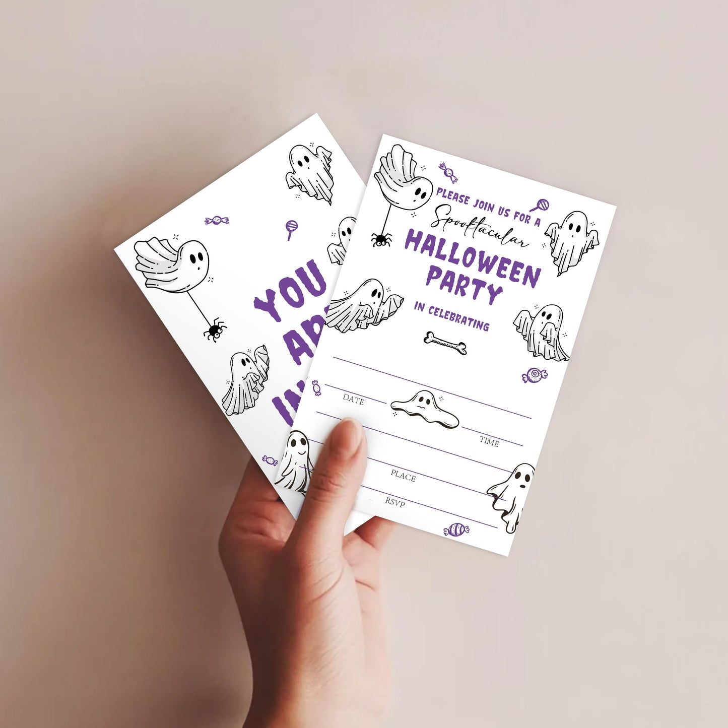 SIXEIGHT Purple Halloween Party Invitations, Cute Ghost Halloween Invitations for Boys Girls, 25 Pack Purple Invite Cards with Envelopes, Wedding Birthday Baby Shower Party Decorations-E06