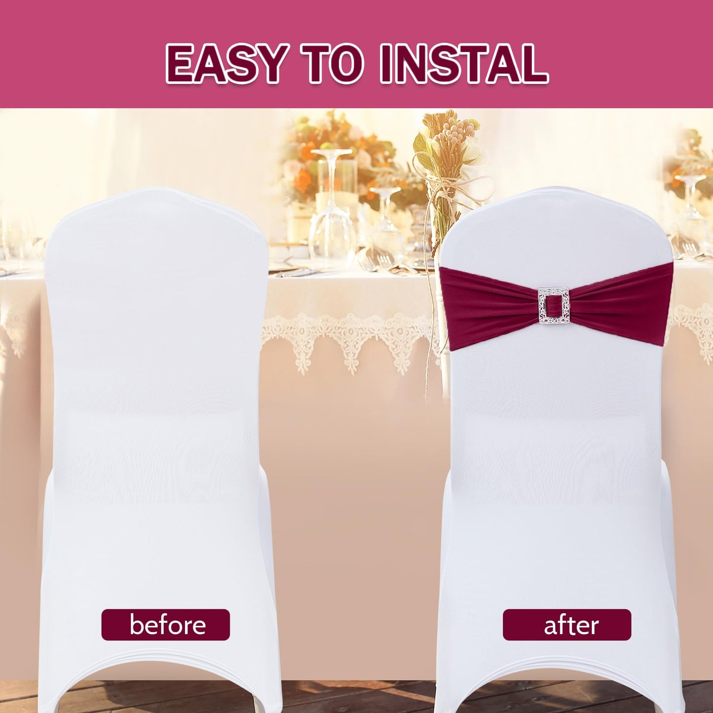 Joccun 60 PCS Spandex Chair Sashes Bows Stretch Chair Cover Band with Buckle Slider Universal Elastic Chair Ties for Wedding Banquet Party Event Decoration (Burgundy)