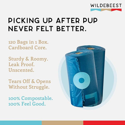 Wildebeest Compostable Dog Poop Bags | Thick, Unscented & Leakproof Dog Waste Bags | ASTM D6400 Compliant | Fit Any Poop Bag Holder – 8 Heavy Duty Eco-Friendly Poop Bag Rolls (120 Bags)