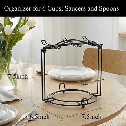 YOLIFE Tea Cup Holder for Countertop, Metal Cup and Saucer Display Stand, Foldable Tea Station Organizer, Espresso Coffee Cups Rack for Home or Bar Decor