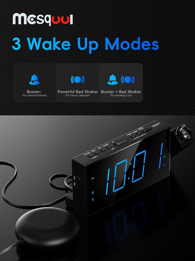 Mesqool Projection Alarm Clock with Bed Shaker, Dual Alarms, 180° Projector, 5-Level Dimmer, USB Phone Charger, Battery Backup, Loud Vibrating Alarm Clock for Heavy Sleepers, Snooze, DST