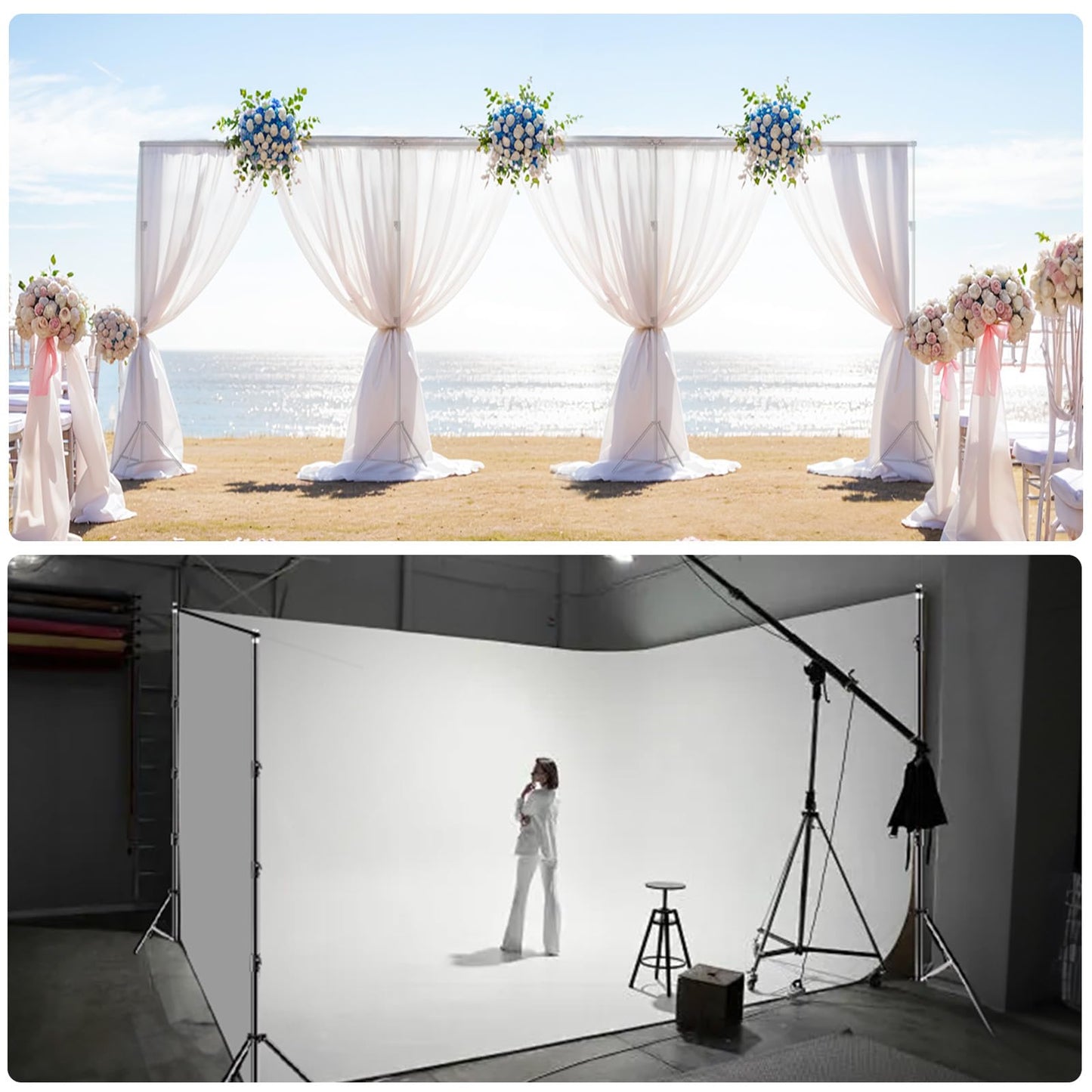 BEIYANG 10x30FT Photo Backdrop Stand, Angle Adjustable Triple Crossbar Extender Mount, Photography Background Support System, with Sand Bags,12 PCS Clamps for Wedding Party Celebration