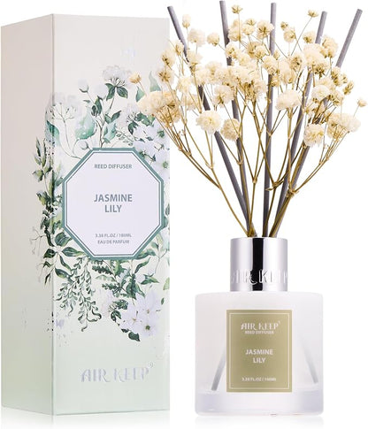 Airkeep Reed Diffuser Set, 3.38 fl oz (100 ml) - Jasmine Lily Lemon Oil Diffusers with 8 Reed Sticks, Home Fragrance Reed Diffuser for Bathroom Shelf Decor