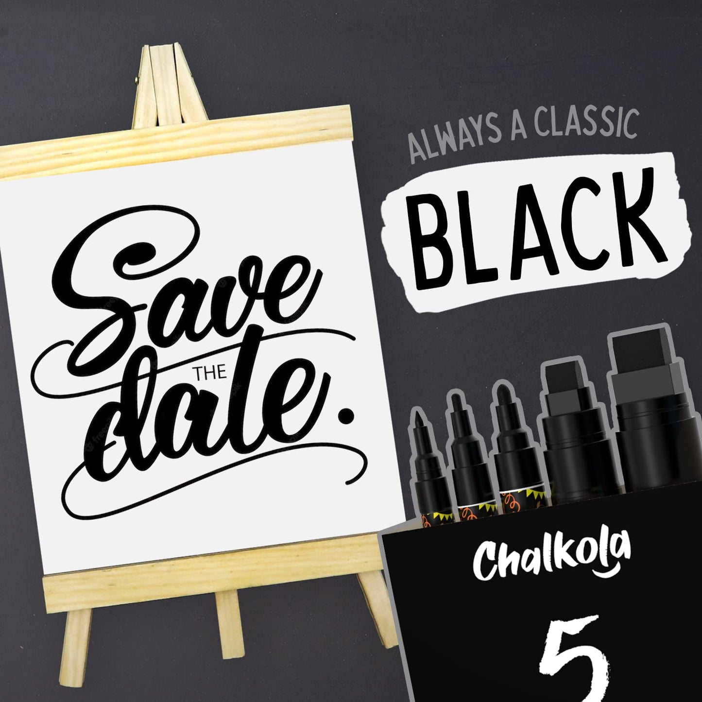 5 Black Chalkboard Chalk Markers - Black Dry Erase Markers for Blackboard, Chalkboard Signs, Windows, Glass | Variety Pack - Fine & Jumbo Size Ink Pen (1mm, 3mm, 6mm, 10mm, 15mm)