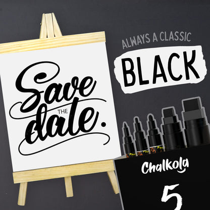 5 Black Chalkboard Chalk Markers - Black Dry Erase Markers for Blackboard, Chalkboard Signs, Windows, Glass | Variety Pack - Fine & Jumbo Size Ink Pen (1mm, 3mm, 6mm, 10mm, 15mm)
