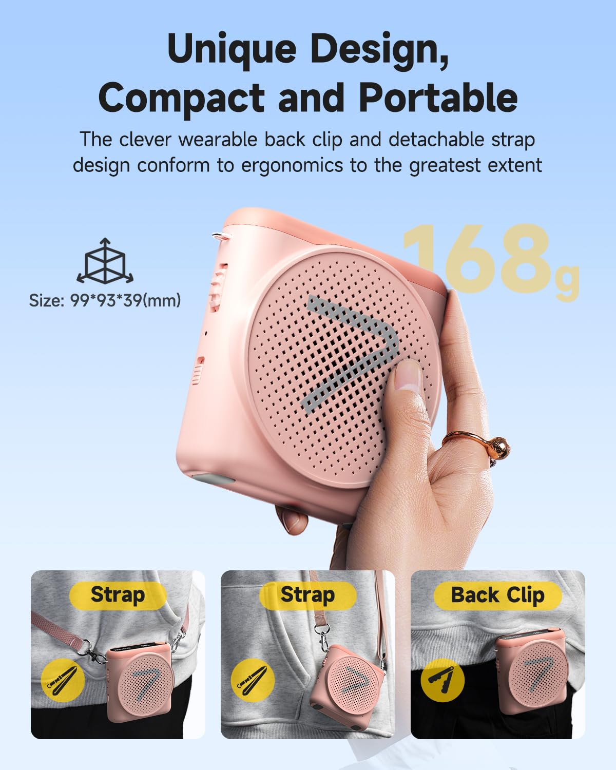 7RYMS WA1 Wireless Voice Amplifier with Headset Microphone for Teachers, Personal Power Amplifier with Noise Canceling, 164ft Range, 23H Working, Microphone Speaker for Teaching, Speech, Yoga(Pink)