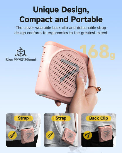7RYMS WA1 Wireless Voice Amplifier with Headset Microphone for Teachers, Personal Power Amplifier with Noise Canceling, 164ft Range, 23H Working, Microphone Speaker for Teaching, Speech, Yoga(Pink)