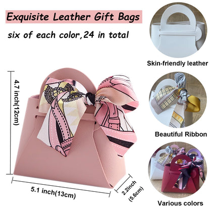 LXKBD 24 Pack PU Leather Gift Bags,Small Party Favors Candy Boxes with Ribbon for Wedding Bridal Shower Baptism Baby Shower Birthday Decoration, Reusable Purse Gift Wrapping Treat Bag