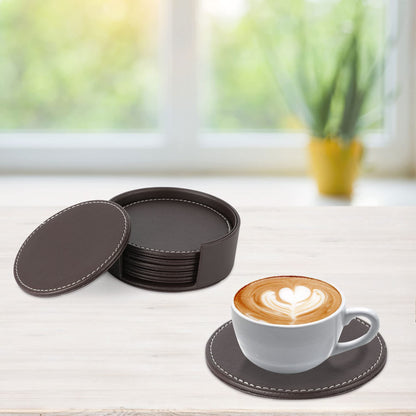AUMISKY Leather Coasters for Drinks(6 Pack), Handmade Durable Drink Coasters Set with Holder for Tabletop Protection, Luxurious Home Décor and Housewarming Gift (Brown)