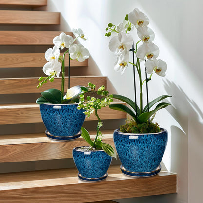EPFamily Ceramic Plant Pots Indoor, 10 Inch 8 Inch 6 Inch Round Planters Pots for Indoor Outdoor Plants, Modern Large Flower Pots with Drainage Holes and Saucers, Set of 3, Blue