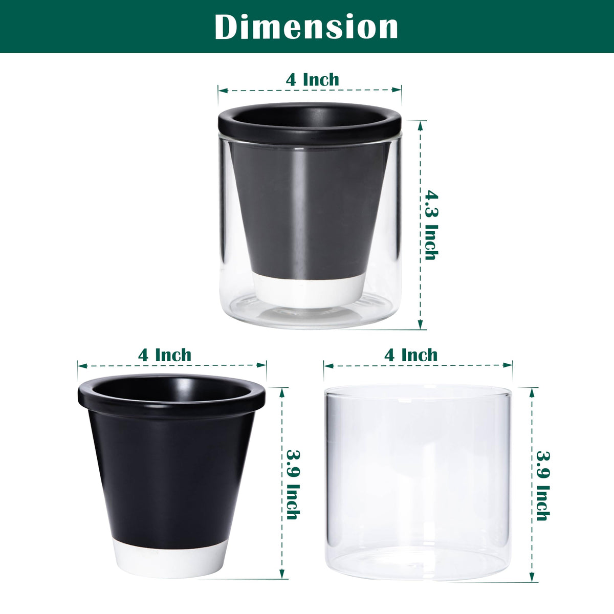 D'vine Dev 4 Inch Design Self Watering Planter for Indoor Plants, Black Terracotta Pot with Cylinder Glass Cup, 37-X-A-3