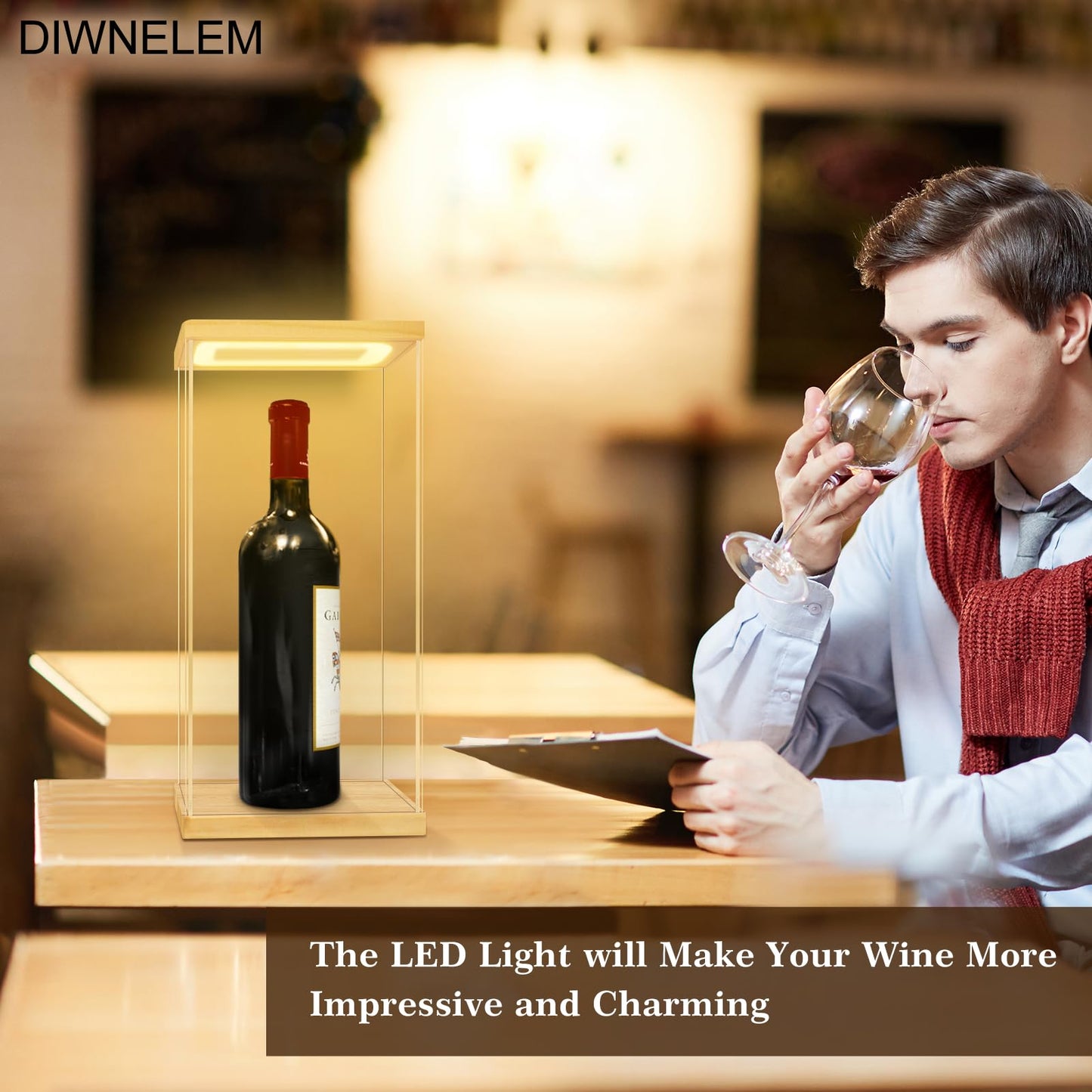 DIWNELEM Wood Acrylic Wine Bottle Display Case with LED Light Acrylic Wine Glass Holder Wine Display Case Dustproof for Red Wine,Champagne,Liquor,Whiskey,Beer,Beverage Bottle (5.1*5.1*14.2")