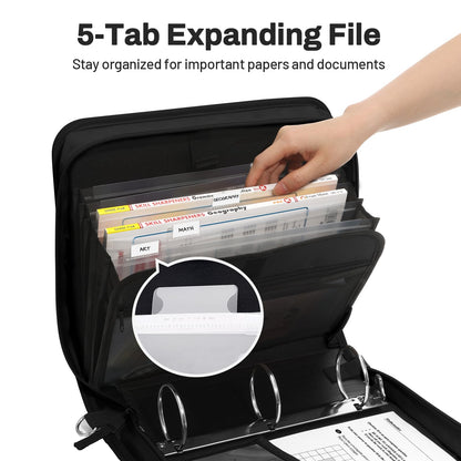 SUNEE Zipper Binder 3 Ring, 3 Inch O-Ring with Handle and Shoulder Strap, 600-Sheet Capacity, 5-Tab Expanding File Folder, Multi-Pockets for Middle School Organizer Binder with Zipper, Black