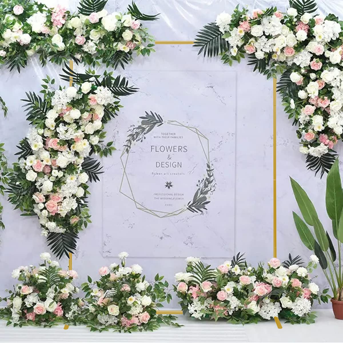 Gold Wedding Arch Backdrop Stand, 6.6FT*5FT Square Balloon and Flower Metal Aluminum Frame for Ceremony, Anniversary, Party, Baby Shower Photo Booth Decoration.