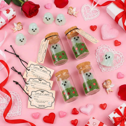 Vicenpal 37 Pcs Valentines Day Adopt a Ghost in a Mason Jar Glow in the Dark Ghost Bottle Bulk with Moss and Card Cute Valentine Figurine Bulk for Valentines Decorations DIY Party Gifts
