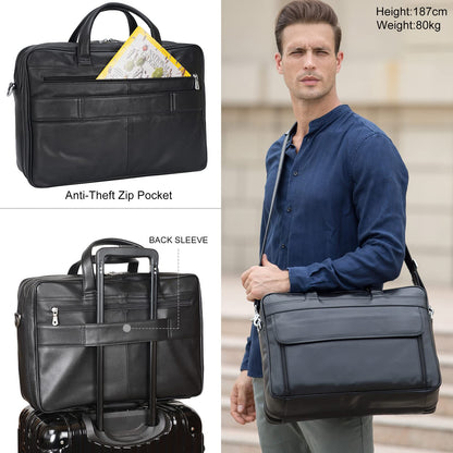 Masa Kawa Black Leather Briefcase for Men 17 Inch Laptop Computer Case Business Travel Work Messenger Cross Body Shoulder Bag