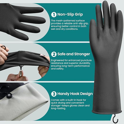 4 Pairs Rubber Dishwashing Gloves with Hanging Hooks - Reusable Cleaning Gloves for Kitchen & Household, Non-Slip, Durable and Flexible (Medium, 4 Colors: Black, Pink, Blue, Purple)