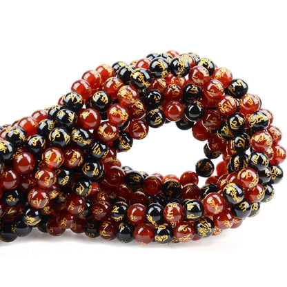 80Pcs Natural Crystal Beads Stone Gemstone Round Loose Energy Healing Beads with Free Crystal Stretch Cord for Jewelry Making (Craved Dragon Mantra Red Black Agate, 10mm)