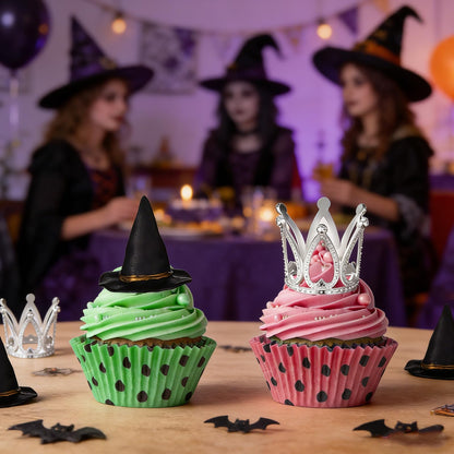shuielai 24 Pcs Witch Hat & Crown Cake Topper, Mini Wizard Hats Silver Crown Cupcake Toppers, Wicked Witch Birthday Party Decorations & Princess Cake Accessories for Party Supplies & DIY Crafts
