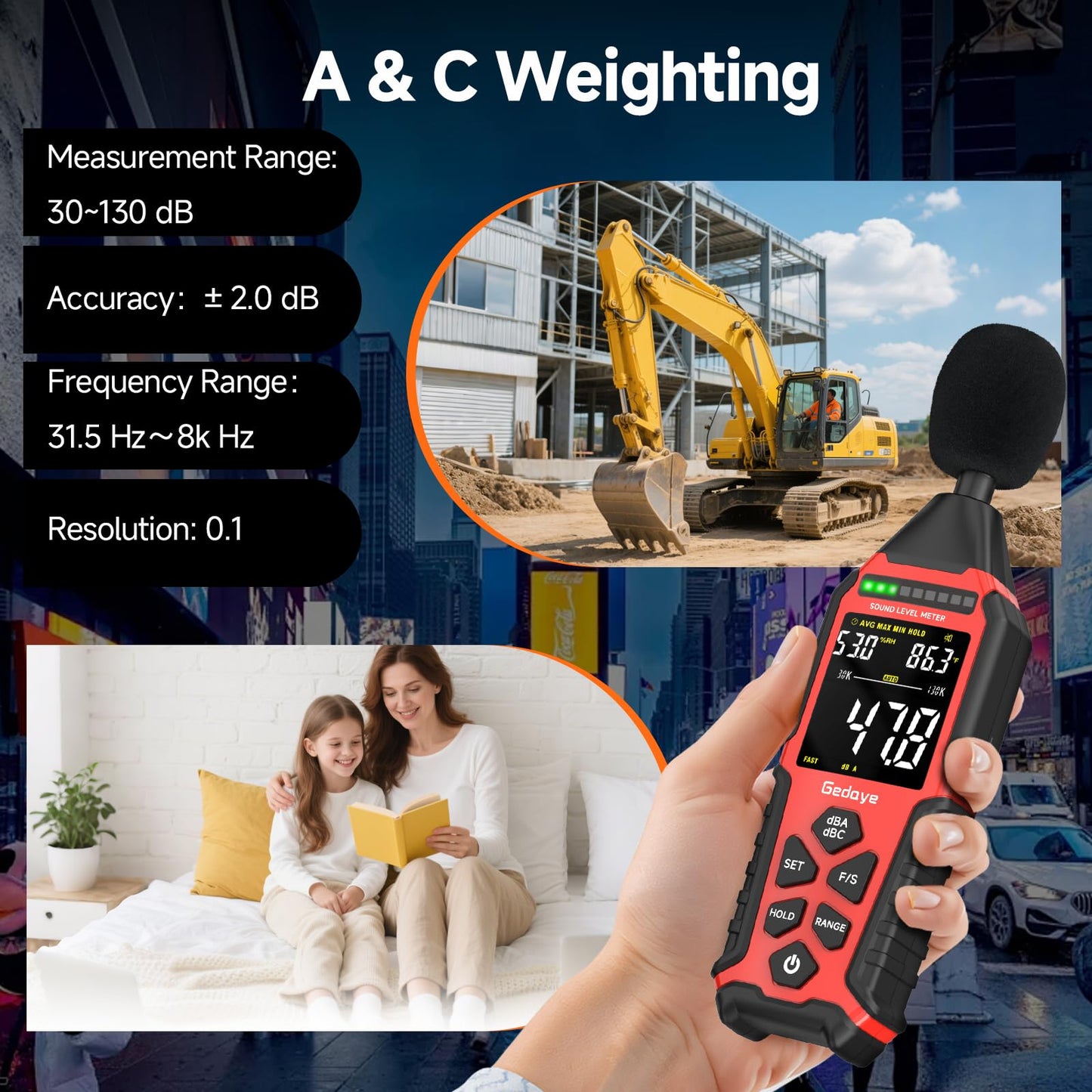 Power Supply Available Decibel Meter, Gedaye Sound Level Meter, A/C Weighted SPL Meter, Noise Measure Device 30-130dB, Noise Detector Sound Monitor Decibel Reader Classroom Factory Noisy Neighbor