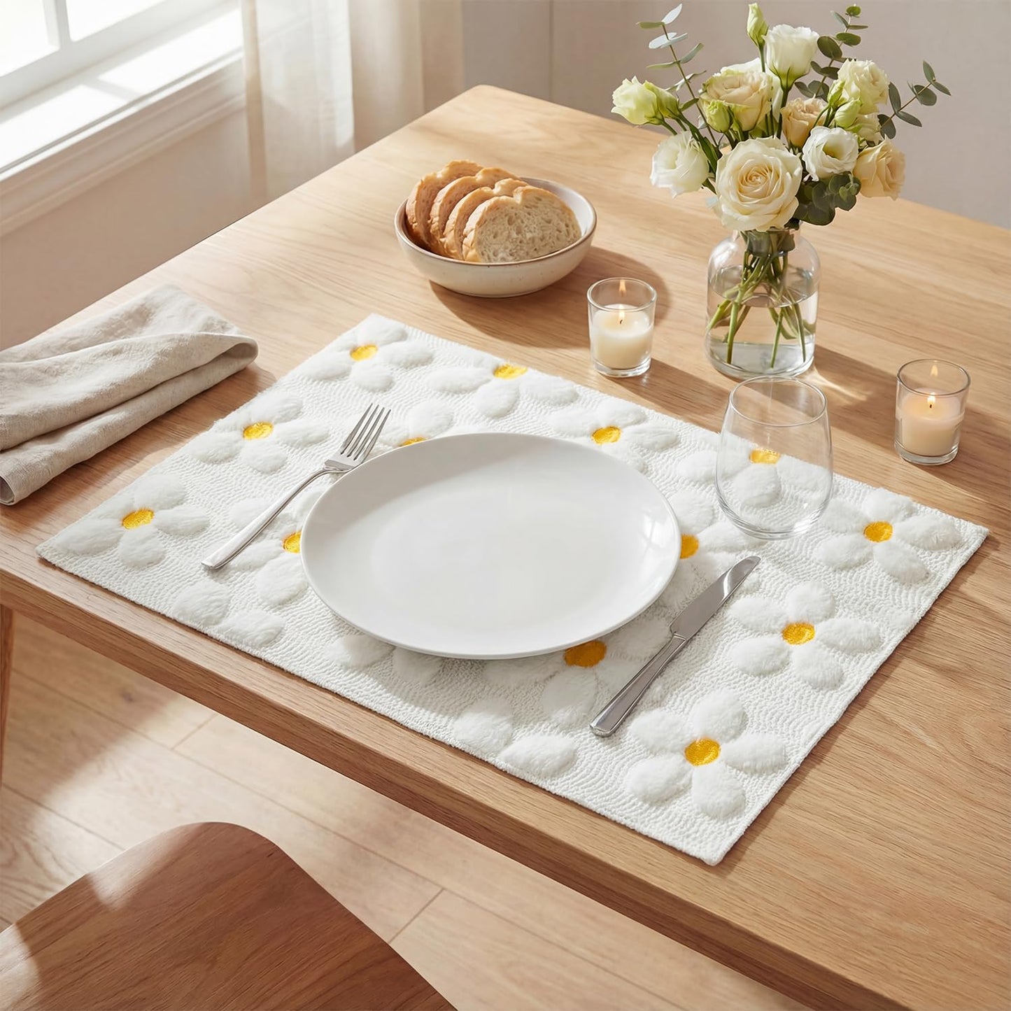 Artoid Mode White Daisy Embroidery Spring Placemats Set of 4, 12x18 Inch Soft Plush Faux Fur Wool Holiday Table Mats for Party Kitchen Dining Decoration