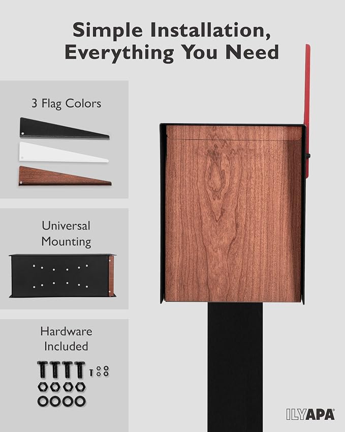 Ilyapa Modern Mailbox for Post Mount - Black Powder Coated Metal Mailbox with Cherry Wood Door - Waterproof for Parcels, Recessed Magnetic Close Door
