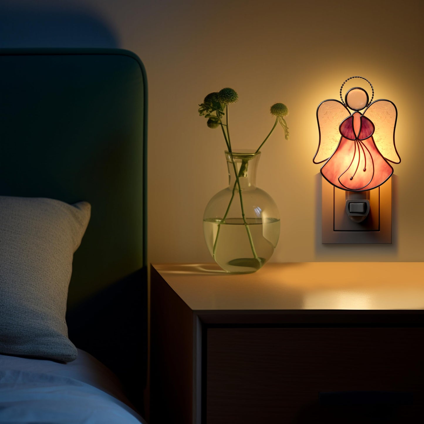 KUNDGLA Pink Angel Night Lights Plug into Wall,Stained Glass Plug in Night Light for Wall Socket Decorative Nightlight for Bedroom Hallway Kitchen Home Gifts for Mom Mother`s Day Birthday Christmas