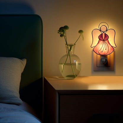 KUNDGLA Pink Angel Night Lights Plug into Wall,Stained Glass Plug in Night Light for Wall Socket Decorative Nightlight for Bedroom Hallway Kitchen Home Gifts for Mom Mother`s Day Birthday Christmas