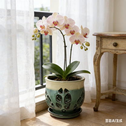 Fowargif 6.5inch Large Round Ceramic Orchid Pots with Holes, Flower Pot with Saucer for Indoor Plants Home Decorative, Round Planter,air Plant Pot