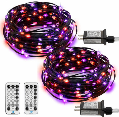 2 Pack Halloween Fairy Lights Plug in, 33Ft 100 LED Micro Starry String Lights with Remote Timer 8 Modes, IP68 Full Waterproof Twinkle Lights for Indoor Halloween Decor (Orange Purple)