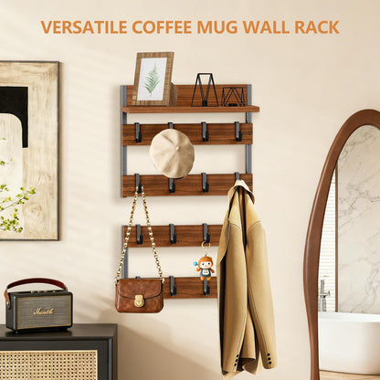 Dhmkfly 2-in-1 Coffee Cup Holder Wall Mounted, 4-Tier Coffee Mug Holder Wall Mount with 16 Adjustable Hooks and Display Shelf, Wooden Mug Rack Hanger Organizer for Home Kitchen Display and Collection