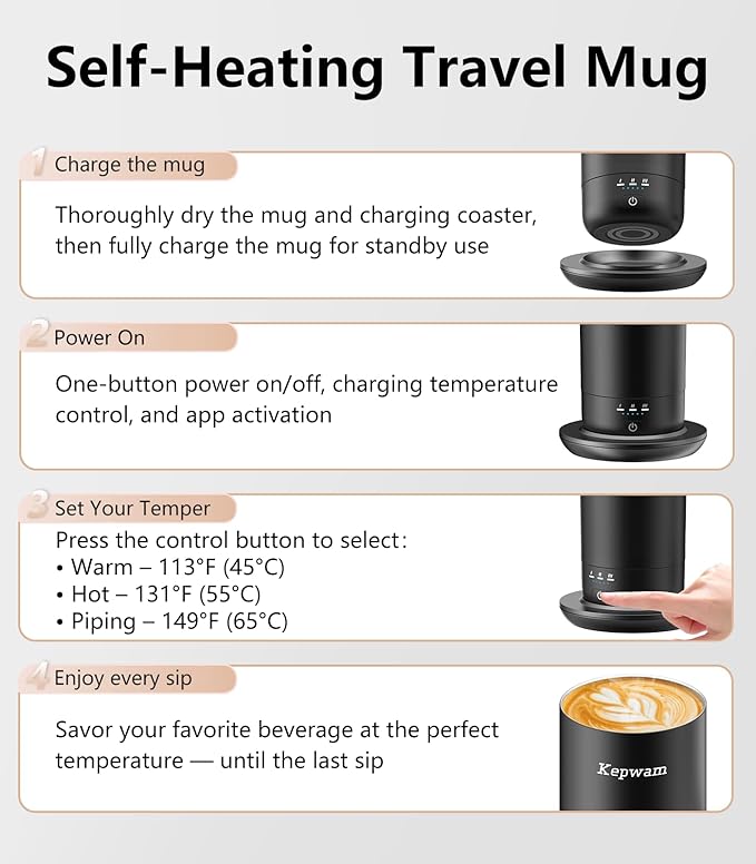 Kepwam Self-Heating Travel Mug 20oz, Temperature-Controlled Coffee Warmer Mug, Smart Travel Coffee Mug Keep Coffee Drinks Hot, Heated Mug Great for Driver Outdoor Fits Car Cup Holders